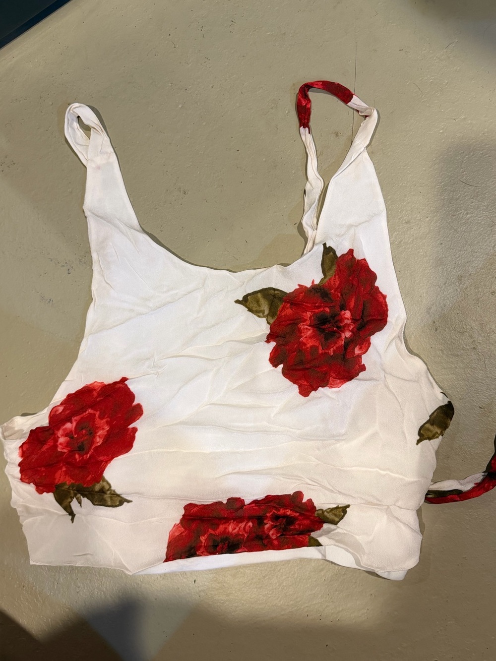 White Floral Crop Tank Top with Red Rose Print
